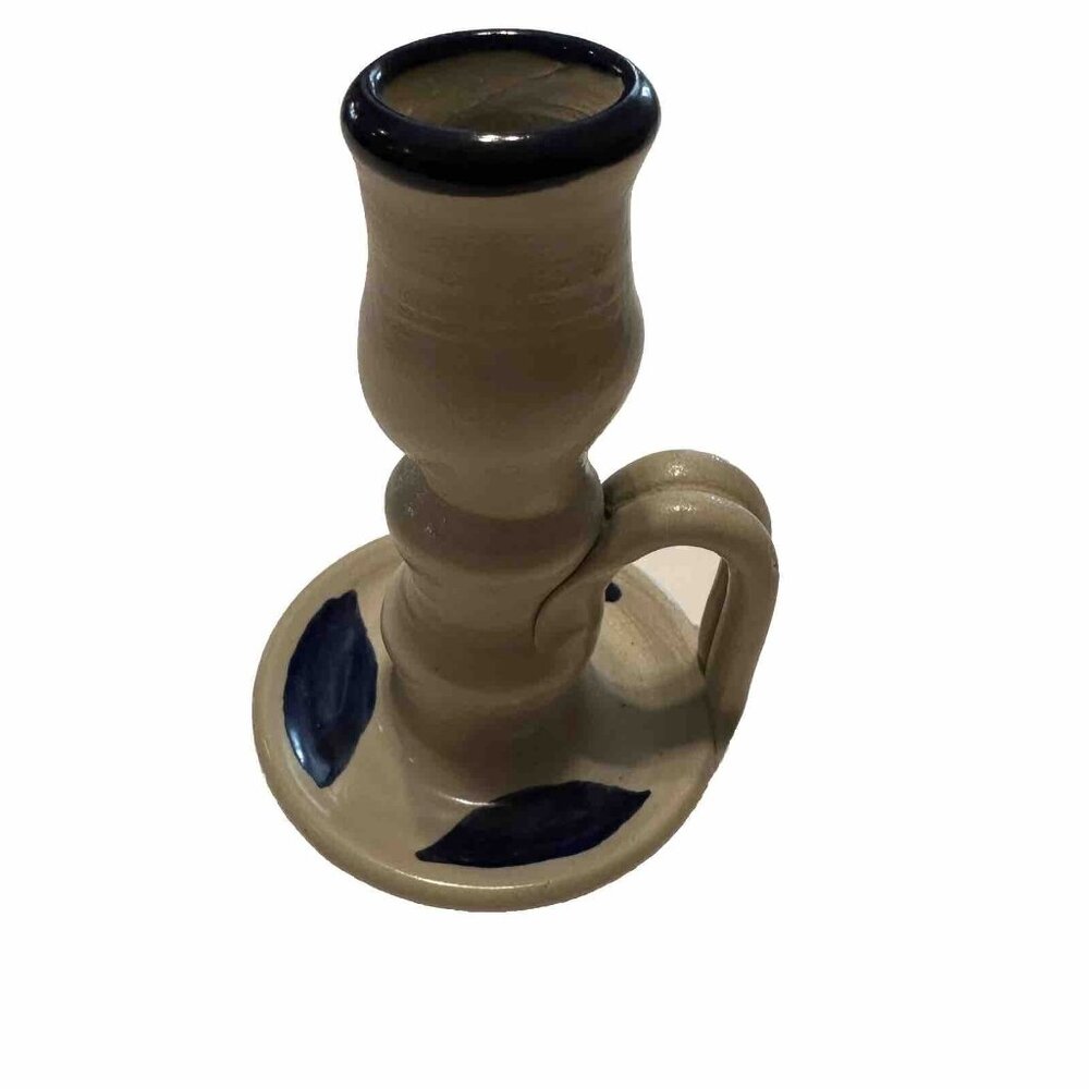 Williamsburg Pottery Candlestick Holder Handle Cobalt Salt Glaze Blue Leaves